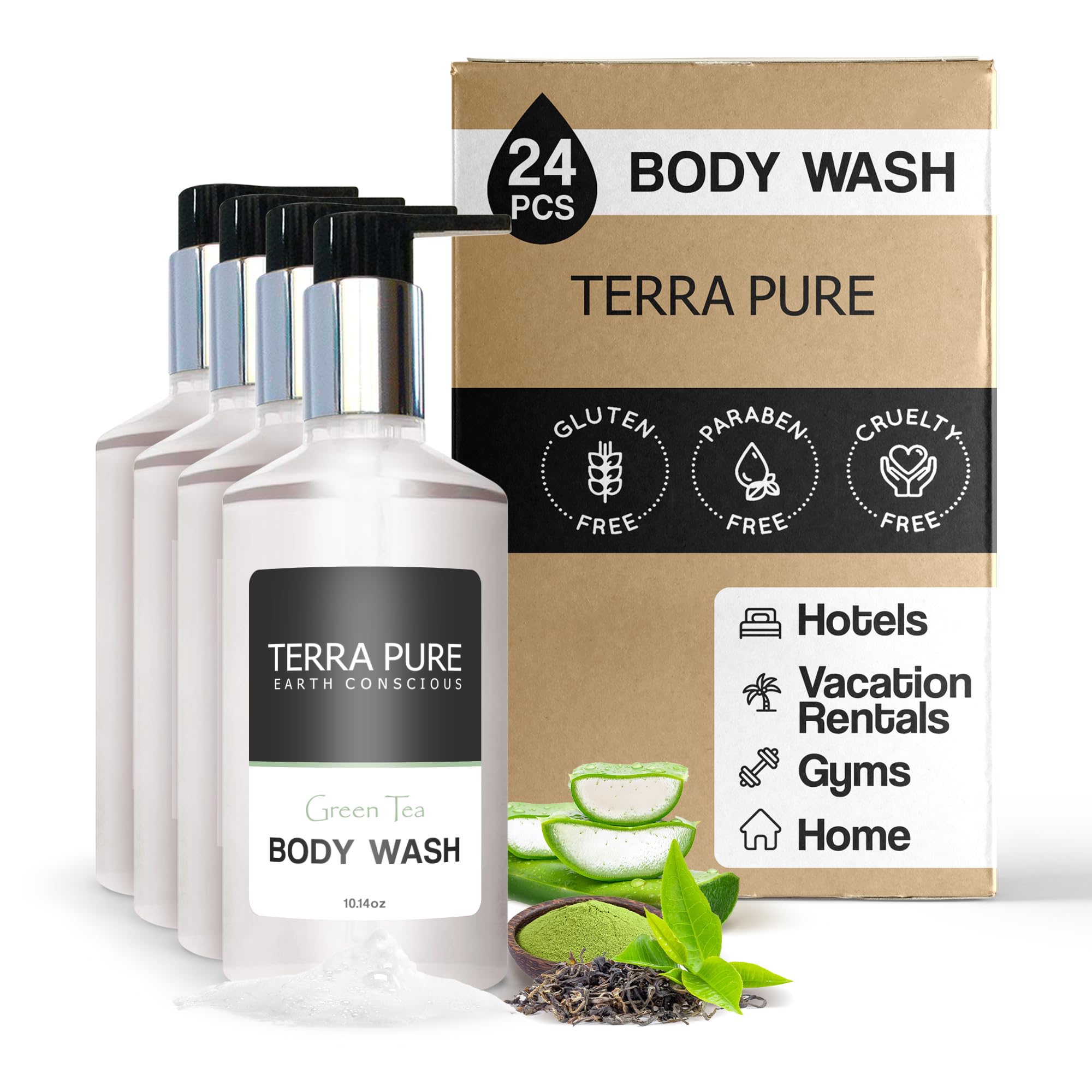 Terra Pure Green Tea Body Wash with Organic Honey & Aloe Vera - 10.14 oz (24-Pack) | Hydrating & Soothing Shower Gel for Sensitive Skin | Perfect for Daily Use, Spa Days & Gift Sets