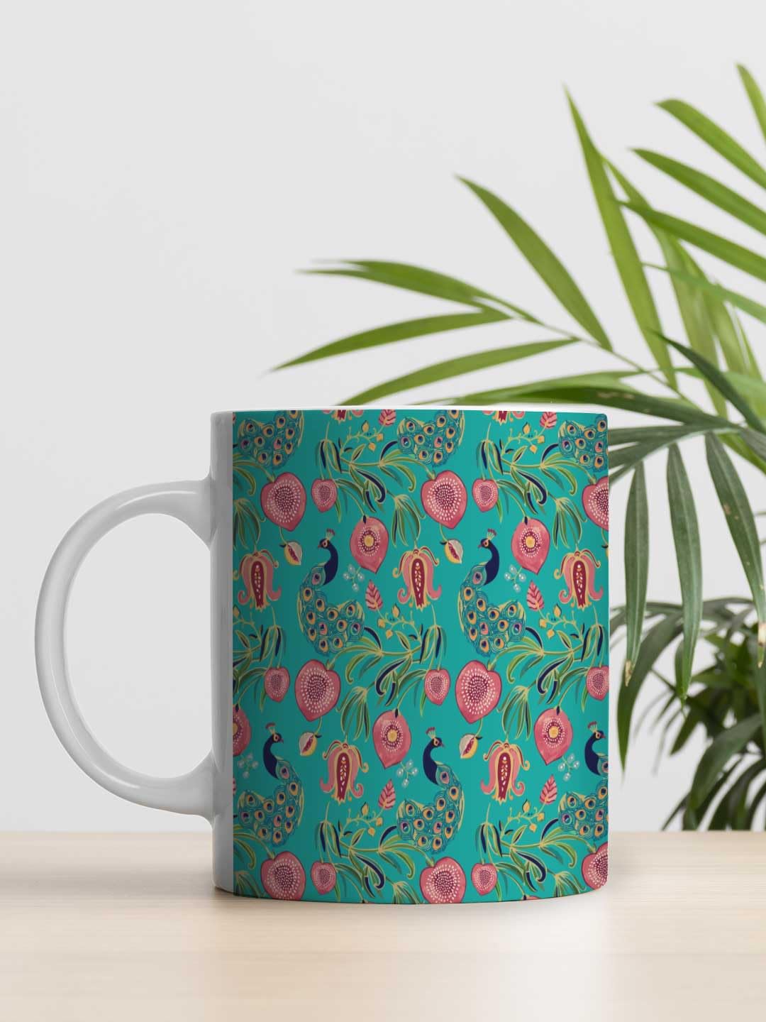 Macmerise Payal Singhal Anaar and Mor Teal Ceramic Coffee Mug - Premium 325ml HD Printed Tea Cup, Microwave & Dishwasher Safe, Durable Hygienic Ceramic - Perfect for Home, Office, Gifts & Boho Decor
