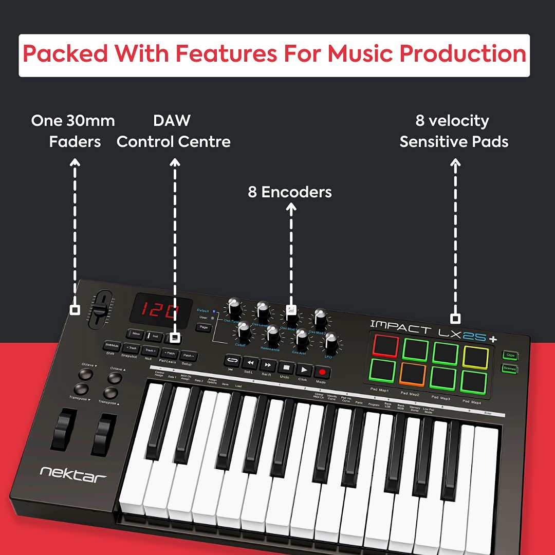 Nektar Impact LX25 Plus 25-Key USB MIDI Keyboard Controller - Compact Music Production Controller for Home Studio, Recording & Live Performance