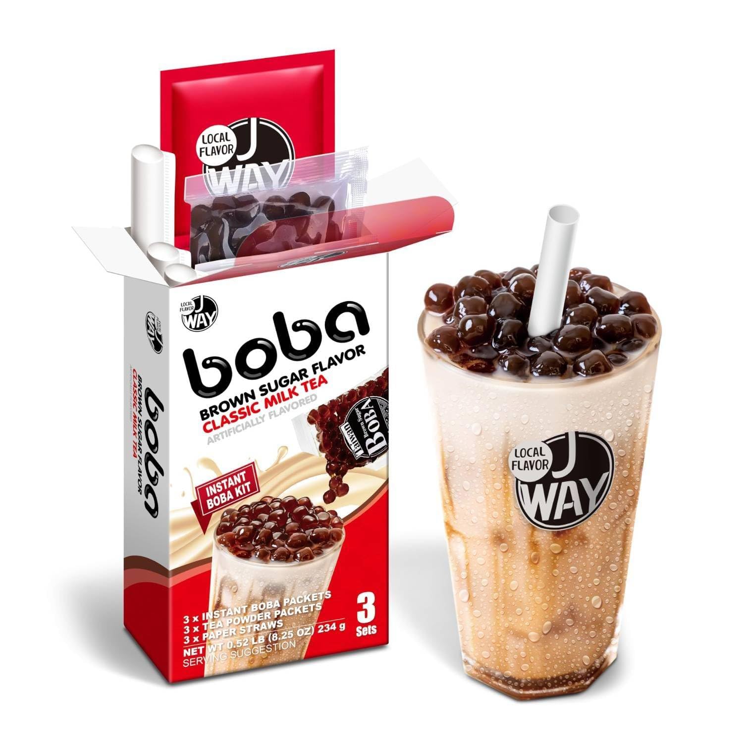 J WAY Instant Boba Bubble Pearl Milk Tea Kit - Authentic Brown Sugar Tapioca Boba, Ready in 1 Minute with Paper Straws (3 Servings) - Perfect for Home, Office & Party Snacks
