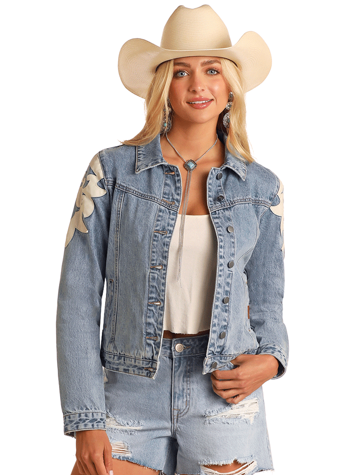 Rock & Roll Denim BW92D06098 Women's Ivory Faux Leather Fringe Jacket - Light Wash Denim Vest for Concerts, Festivals & Vintage Style Outfits