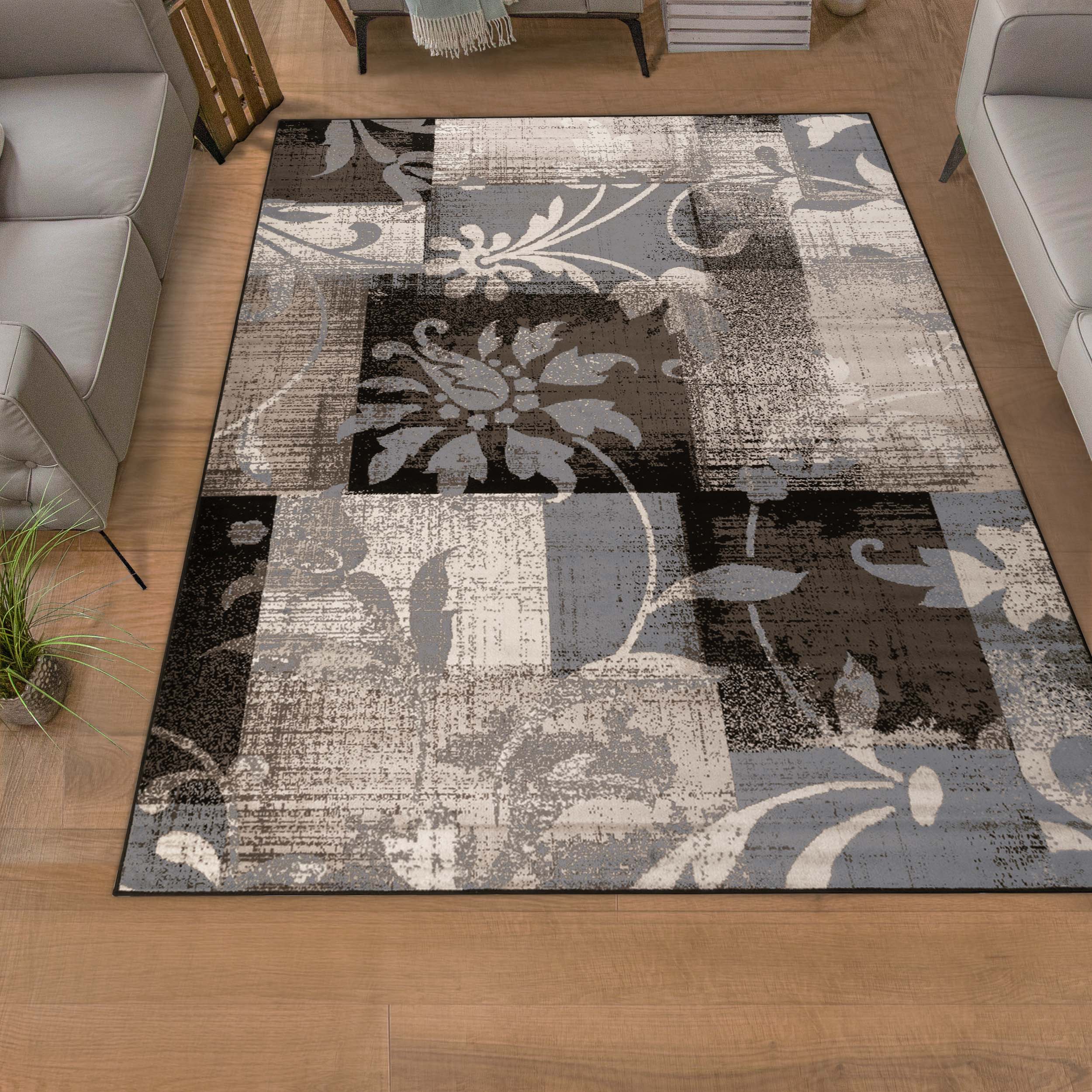 Stylish Pastiche Contemporary Floral Patchwork Indoor Area Rug - Non-Slip Living Room Carpet, Bedroom Runner Rug for Home Decor