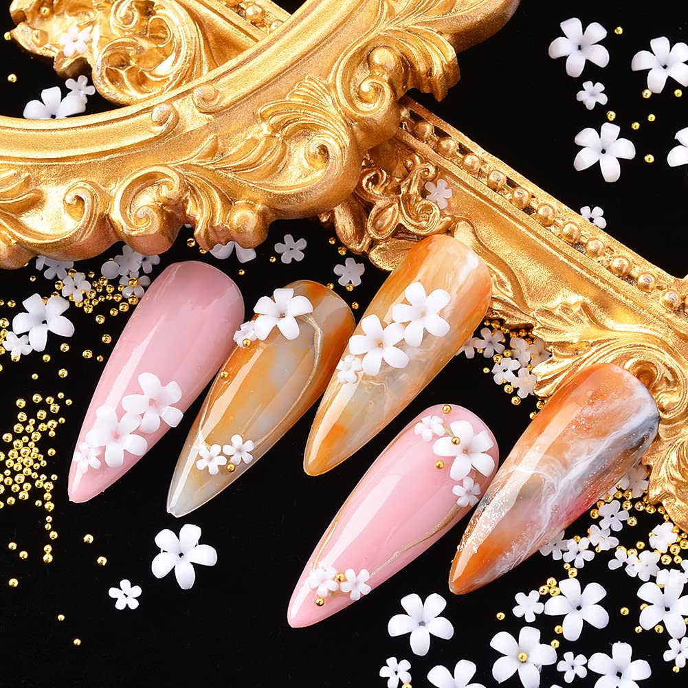 3D Flower Nail Charms & Metal Caviar Beads Set - Acrylic Resin Floral Nail Art Decorations with Gold Silver Ball Beads for DIY Nail Design | Perfect for Manicures, Nail Extensions & Creative Nail Art Projects