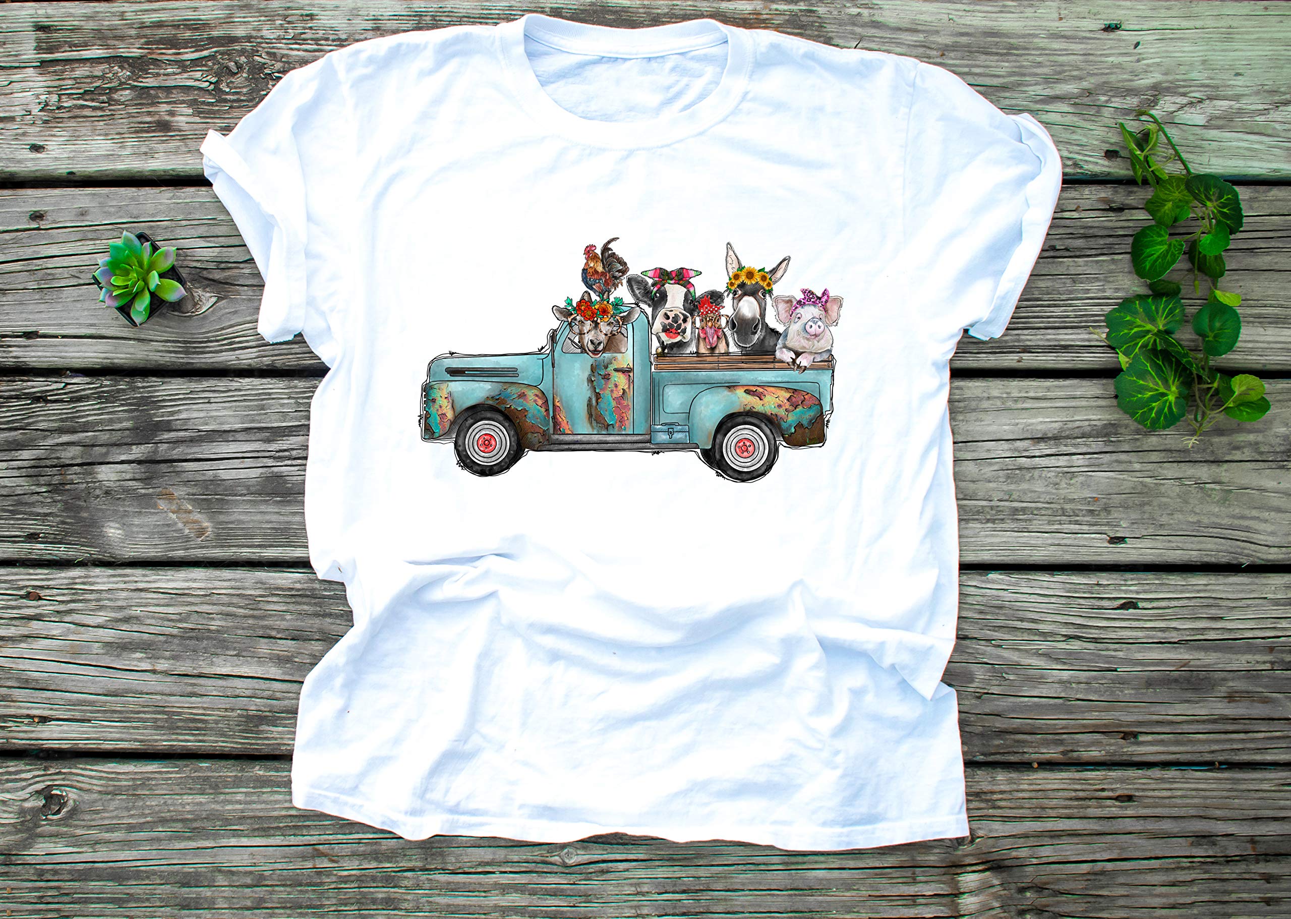 Farm Animals Teal Truck Sublimation Transfer - Ready to Press Heat Transfer Vinyl - Pig, Chicken, Cow, Goat, Donkey Design - Cute Animals with Headbands - DIY T-Shirt, Tote Bag, Mug Decoration for Kids & Adults