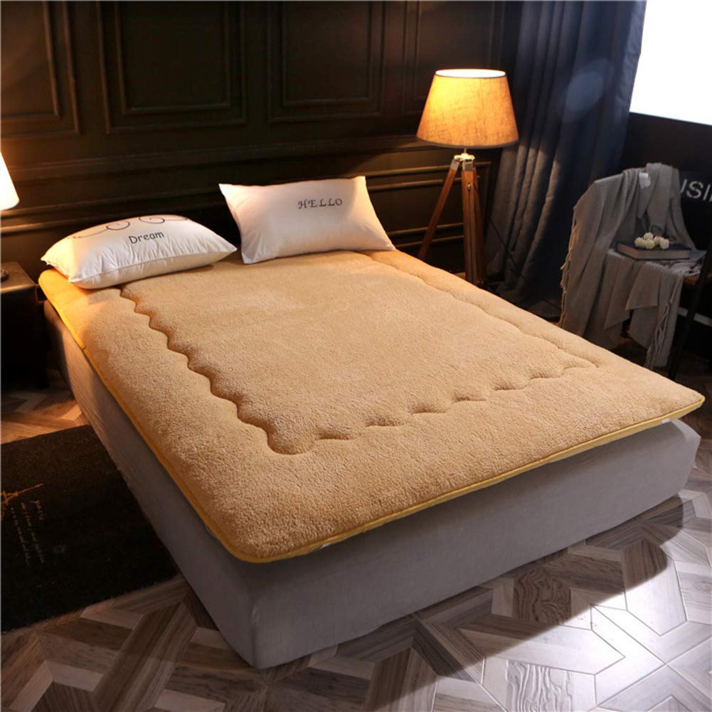 WJXBoos Plush Warm Tatami Floor Mattress - Lamb Cashmere Futon Mattress Topper, Soft Thick Non-Slip Sleeping Pad for Bed, Sofa & Guest Room (Khaki, King Size)