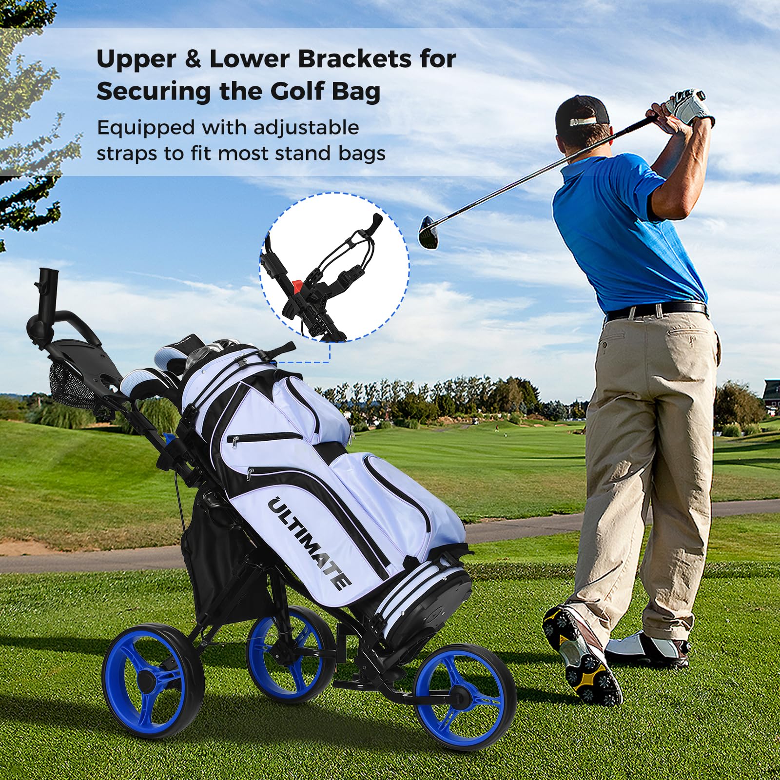 ULTIMATE 3 Wheel Golf Push Pull Cart - Foldable Lightweight Golf Bag Trolley with Adjustable Seat, Handle & Foot Brake | Includes Scorecard Holder, Umbrella Holder, Cup Holder & Storage Bag | Perfect for Golf Courses, Driving Ranges & Outdoor Practice