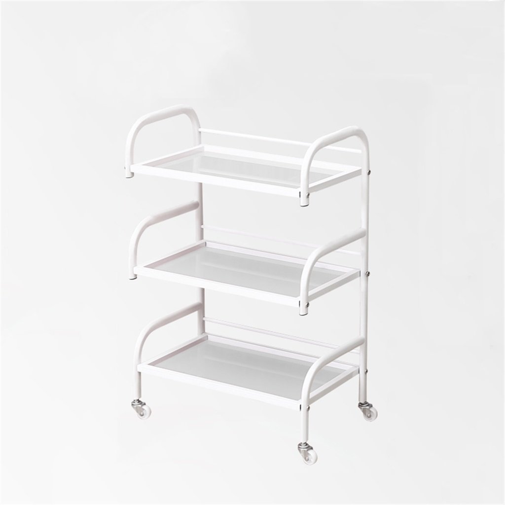 Beauty Salon 3-Tier Iron Art Storage Cart with Glass Shelves - White Sand | Organize Hair Tools, Nail Supplies & Salon Equipment for Professional & Home Use