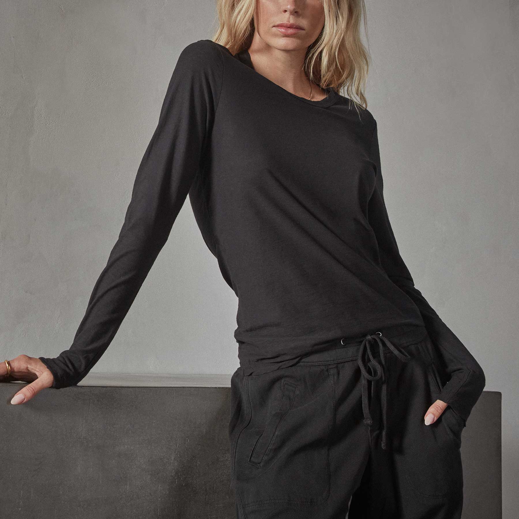 Sheer Slub Long Sleeve Crew Neck T-Shirt for Women - Soft & Comfortable Black Top for Casual Wear, Layering & Everyday Outfits