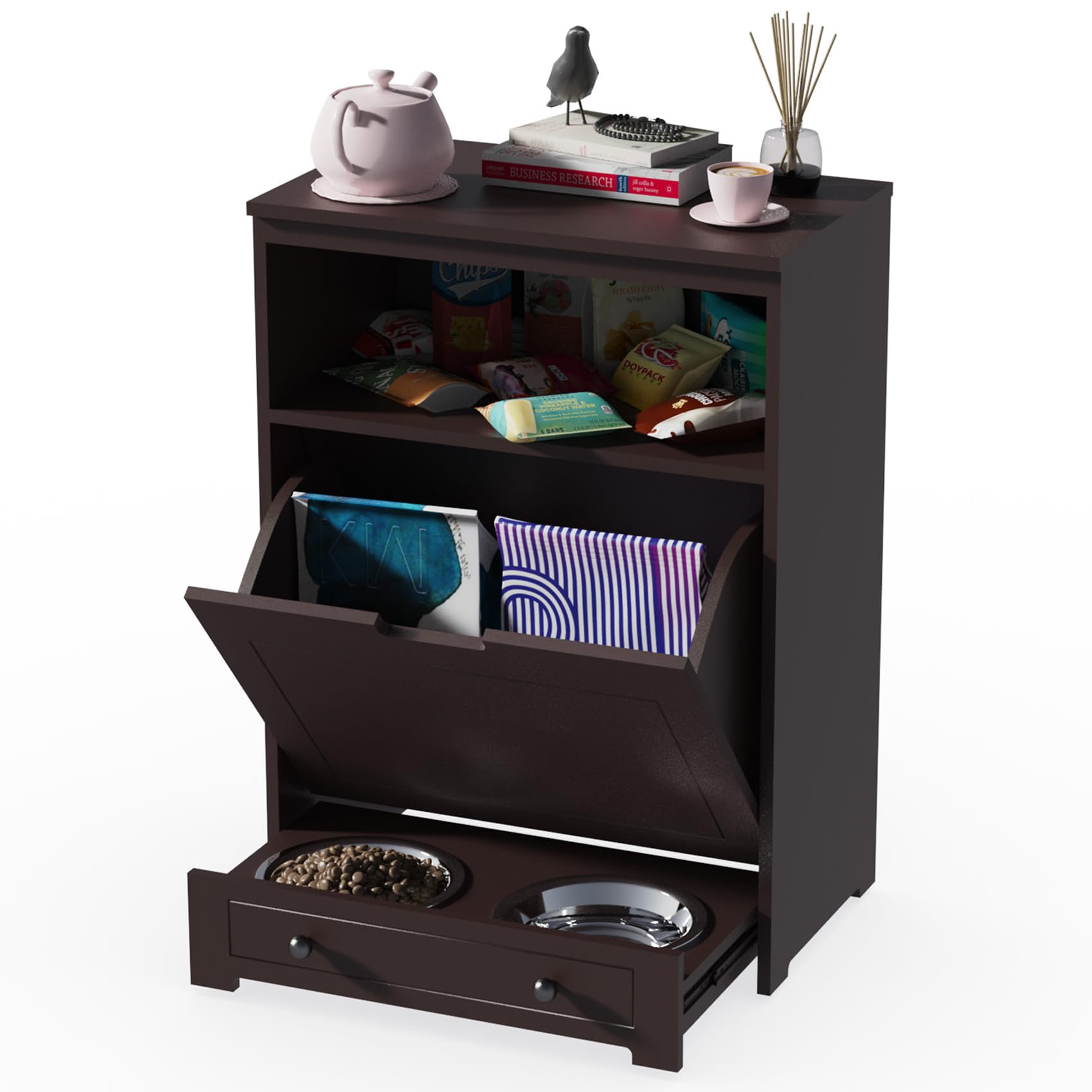 Premium Dog Food Storage Cabinet with 2 Stainless Steel Bowls - Pet Feeding Station & Toy Organizer for Dogs and Cats - Space-Saving Brown Furniture for Kitchen or Laundry Room