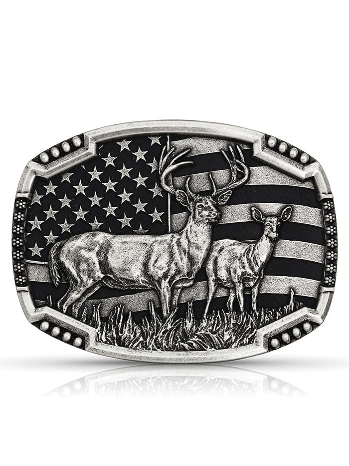 Montana Silversmiths A785S Silver Deer & USA Flag Western Belt Buckle Set - Perfect for Cowboy Boots, Rodeo Events and Patriotic Outfits
