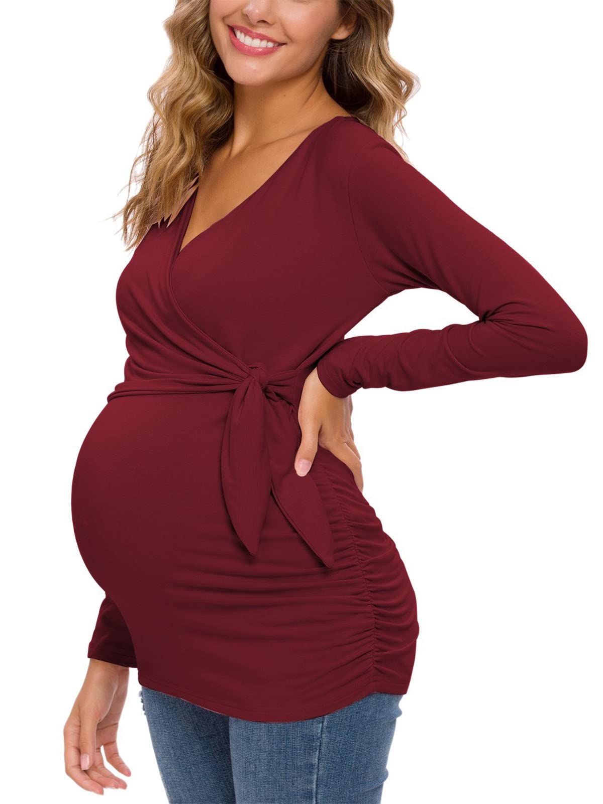 Glampunch Women's Maternity Shirts - Short & Long Sleeve Tie Front Wrap Nursing Tops for Pregnancy - Perfect for Work, Casual Wear & Breastfeeding Comfort