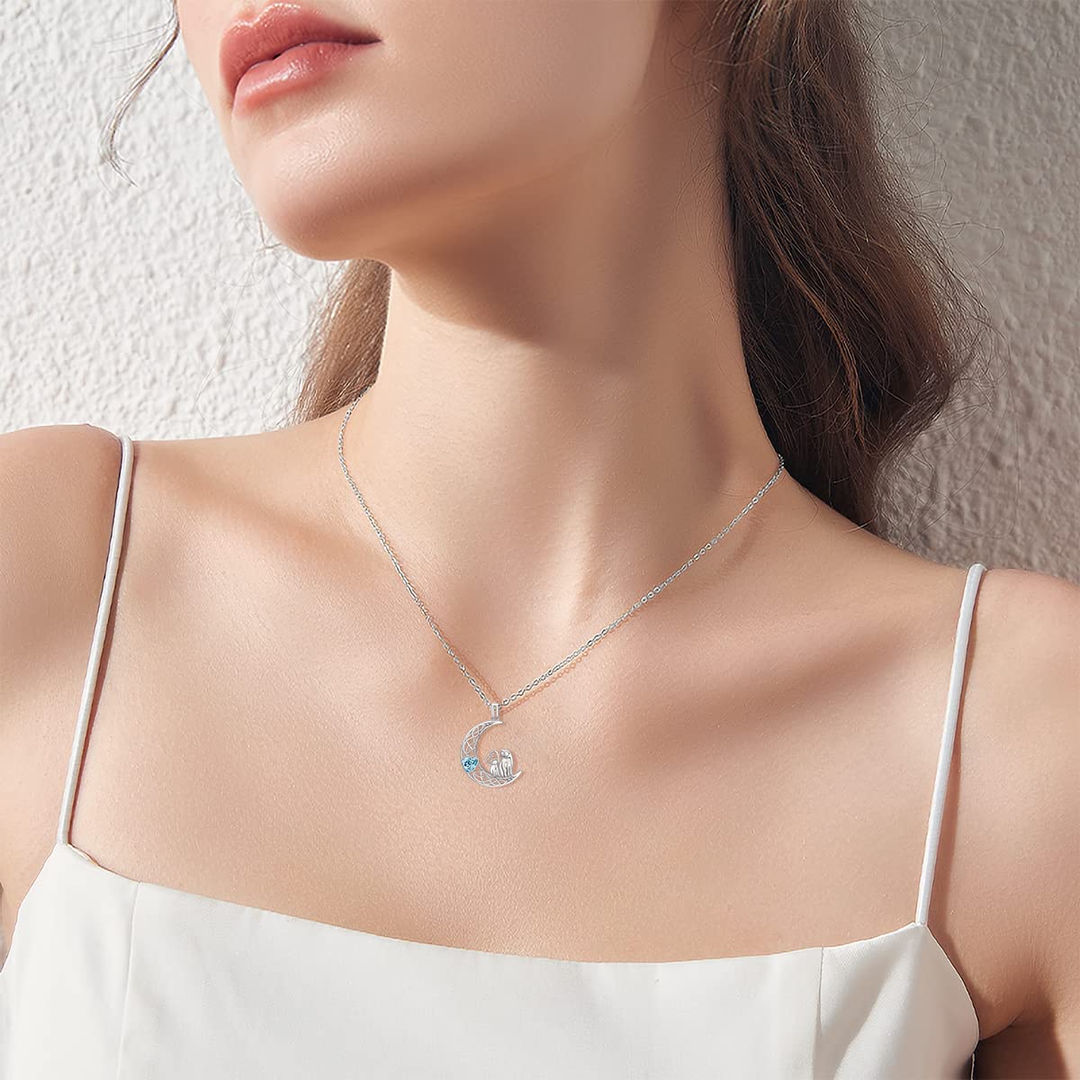 925 Sterling Silver Cat Necklace with Blue Crystal - Moon Cat Pendant Jewelry for Women, Perfect Gift for Cat Lovers, Mothers & Daughters | Elegant Everyday Wear, Birthday Present & Special Occasion Gift