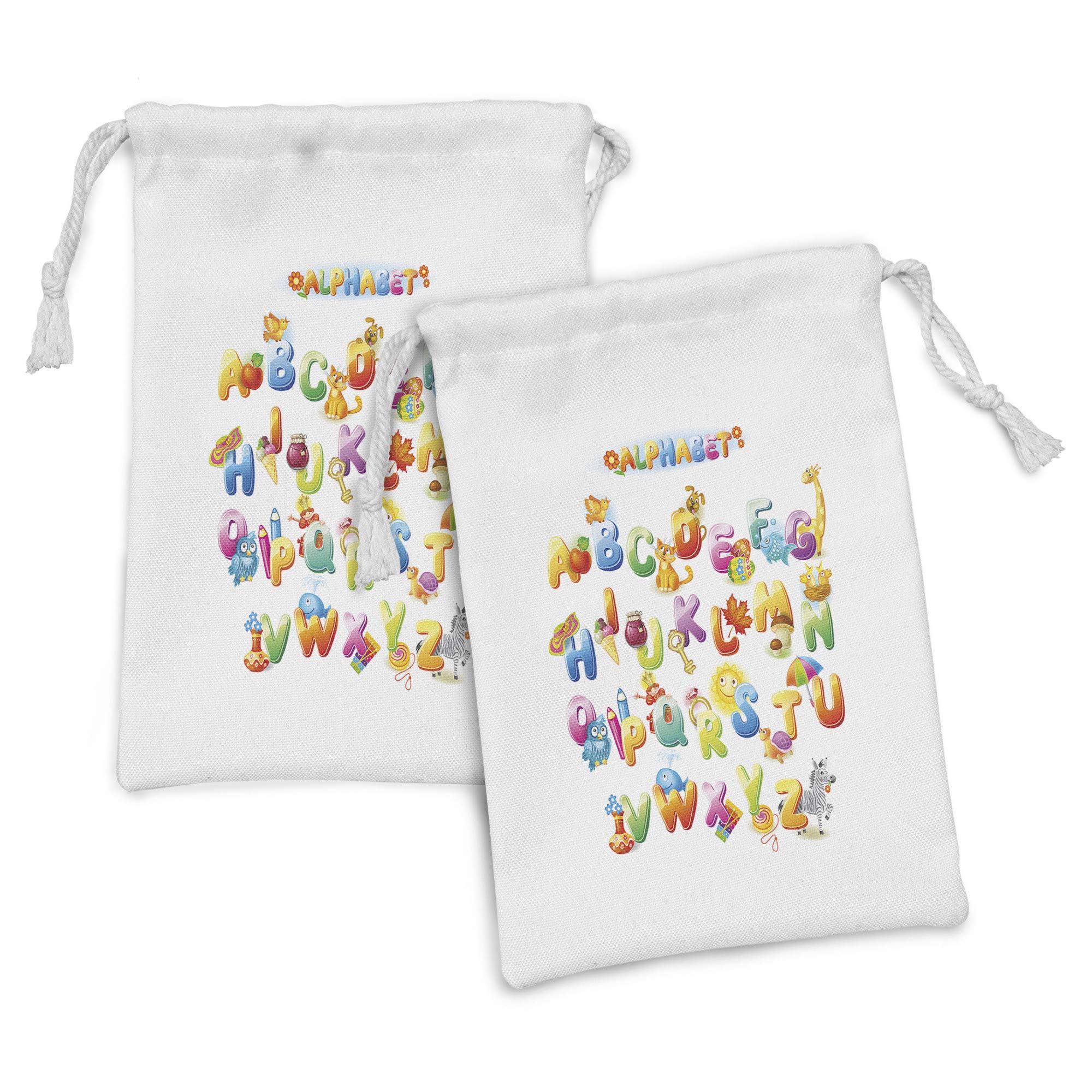 Ambesonne Science Fabric Pouch Set of 2 - Cheerful Cartoon Alphabet Design Drawstring Bags (9