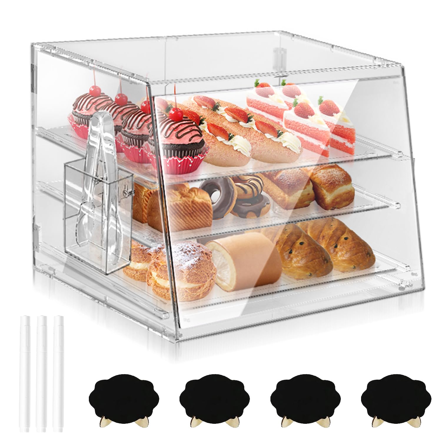3-Tier Commercial Pastry Display Stand with Removable Bakery Case & Bread Tong - Countertop Cookie Showcase with Front/Rear Door Access - Perfect for Bakeries, Cafés & Dessert Shops