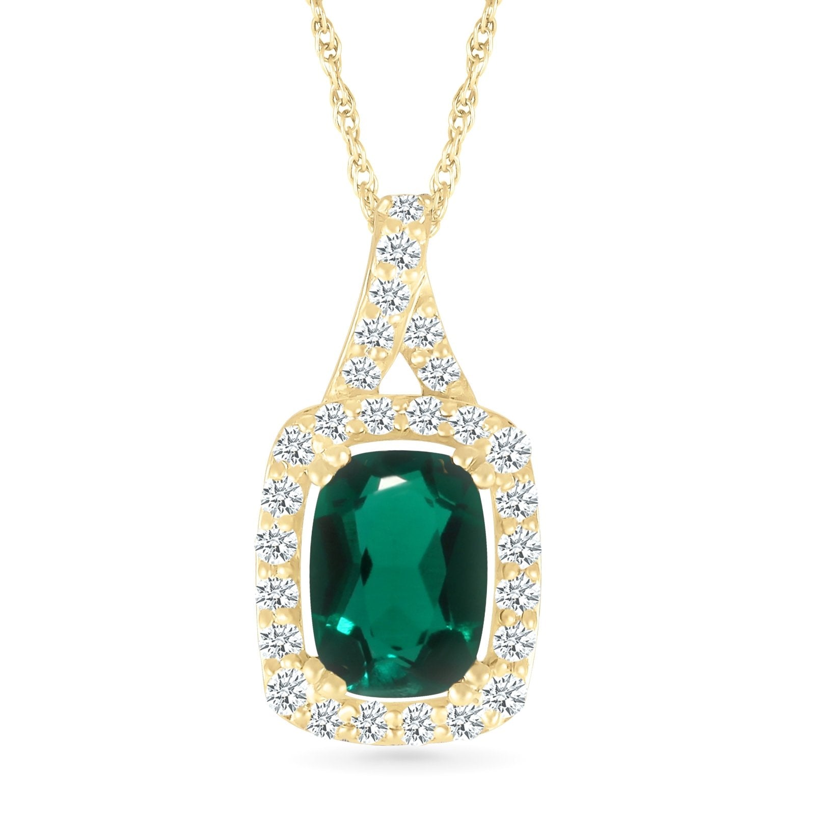 10k Yellow Gold Cushion Cut Emerald Pendant with White Sapphire Halo - Elegant Dainty Jewelry for Women, Perfect Gift for Anniversary, Birthday & Special Occasions