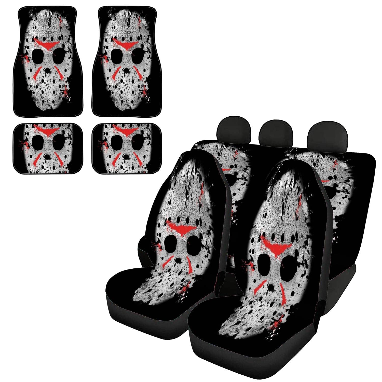 Jason Voorhees Horror Movie Car Seat Covers Full Set with Floor Mats - Universal Fit for Most Vehicles - Durable Seat Protectors & Auto Decor Accessories for Halloween, Horror Fans & Themed Car Interiors