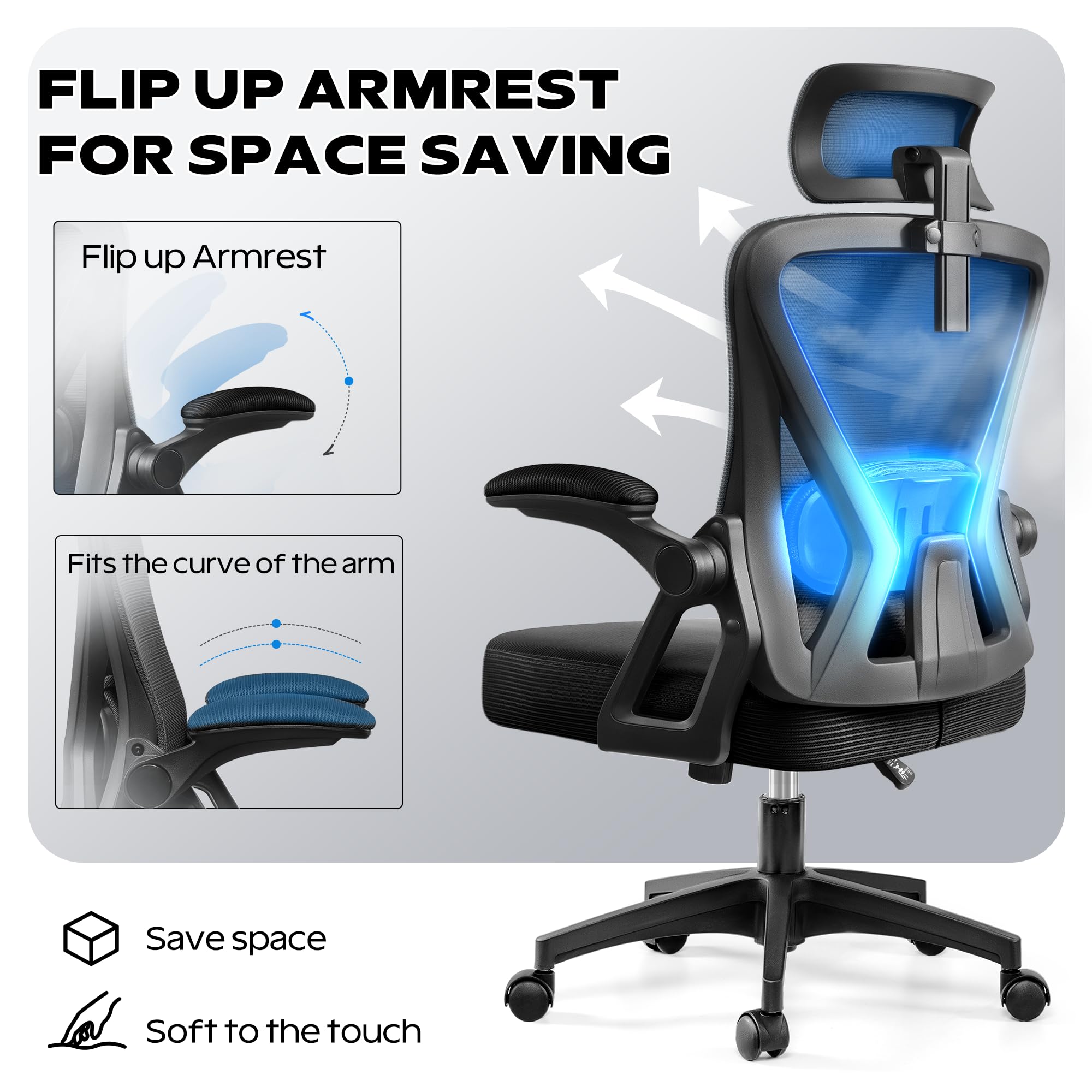 Ergonomic Office Chair with Headrest & Lumbar Support - High Back Mesh Computer Desk Chair with Flip-Up Armrests, Swivel & Rolling Wheels - Comfortable Task Chair for Home Office, Gaming & Workspace