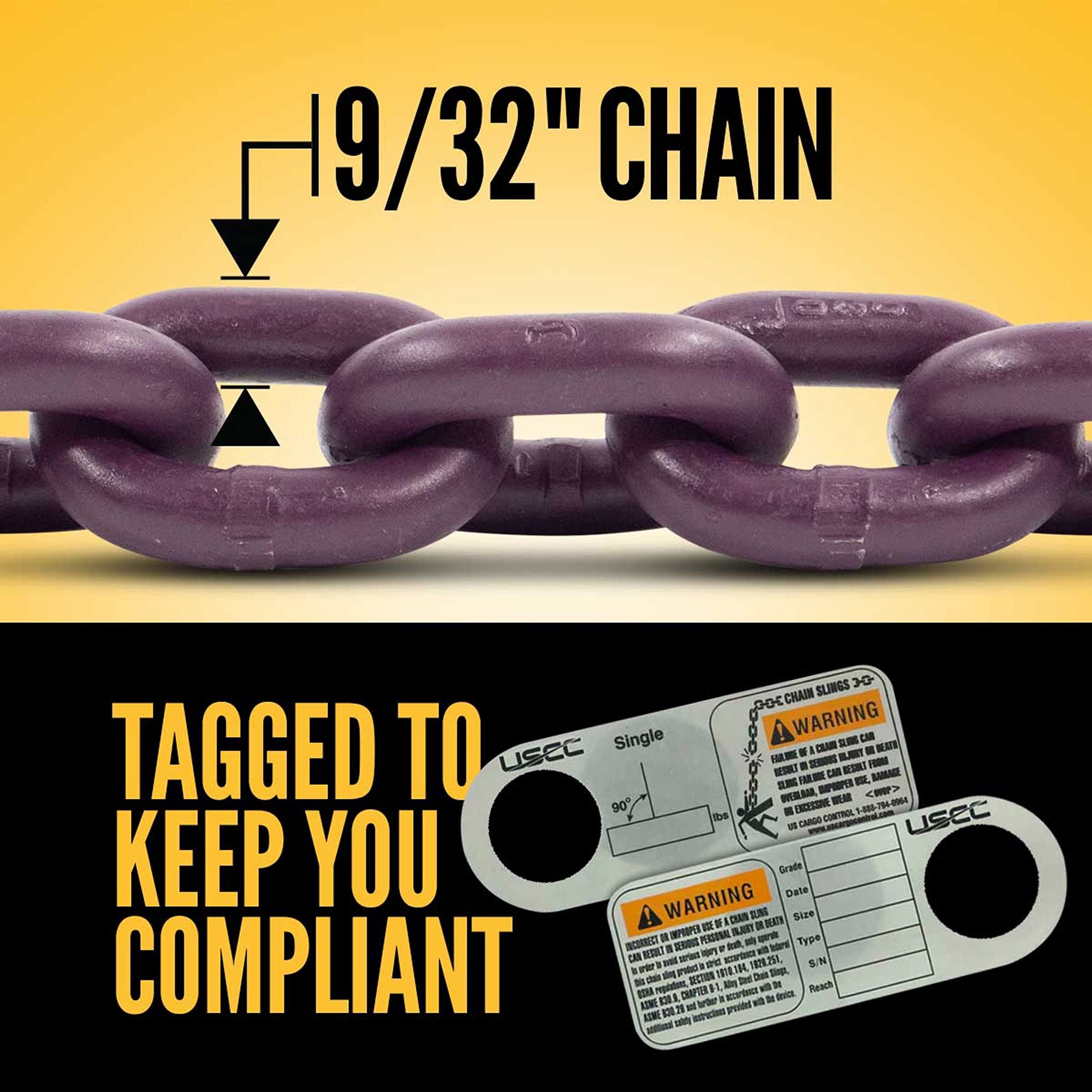 9/32 Inch x 5 Foot Adjustable 1-Leg Chain Sling with Self-Locking Hook - Grade 100 Alloy Steel - Heavy Duty Overhead Lifting Equipment for Large Cargo - Perfect for Construction, Warehouse, and Industrial Material Handling