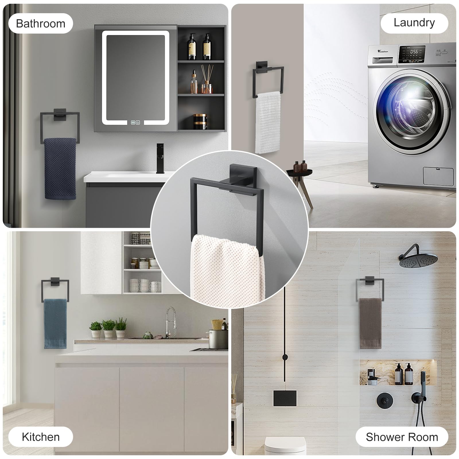Stainless Steel Wall Mounted Towel Holder Ring - Matte Black Square Towel Rack for Bathroom, Kitchen & Lavatory | Durable Hand Towel Bar with Rustproof Design for Home & Hotel Use