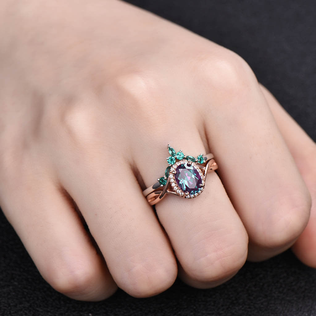Infinity Alexandrite Engagement Ring Set with Lab-Grown Emerald Curved Matching Band - 2 Piece Bridal Jewelry Set for Weddings, Anniversaries & Special Occasions