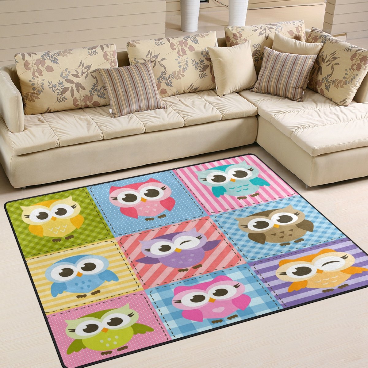 Happy Cartoon Owl Christmas Area Rug - Non-Slip Holiday Decor Rug for Living Room, Bedroom, Nursery - 7' x 5' Soft Plush Rug - Perfect for Christmas Decorations, Winter Home Decor & Cozy Gift Ideas