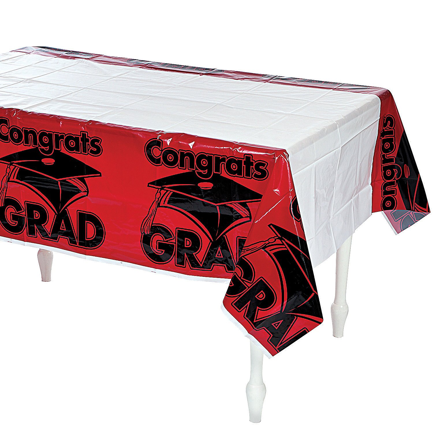 Fun Express Congrats Grad Plastic Tablecloth - Red Graduation Party Decorations for Outdoor & Indoor Celebrations