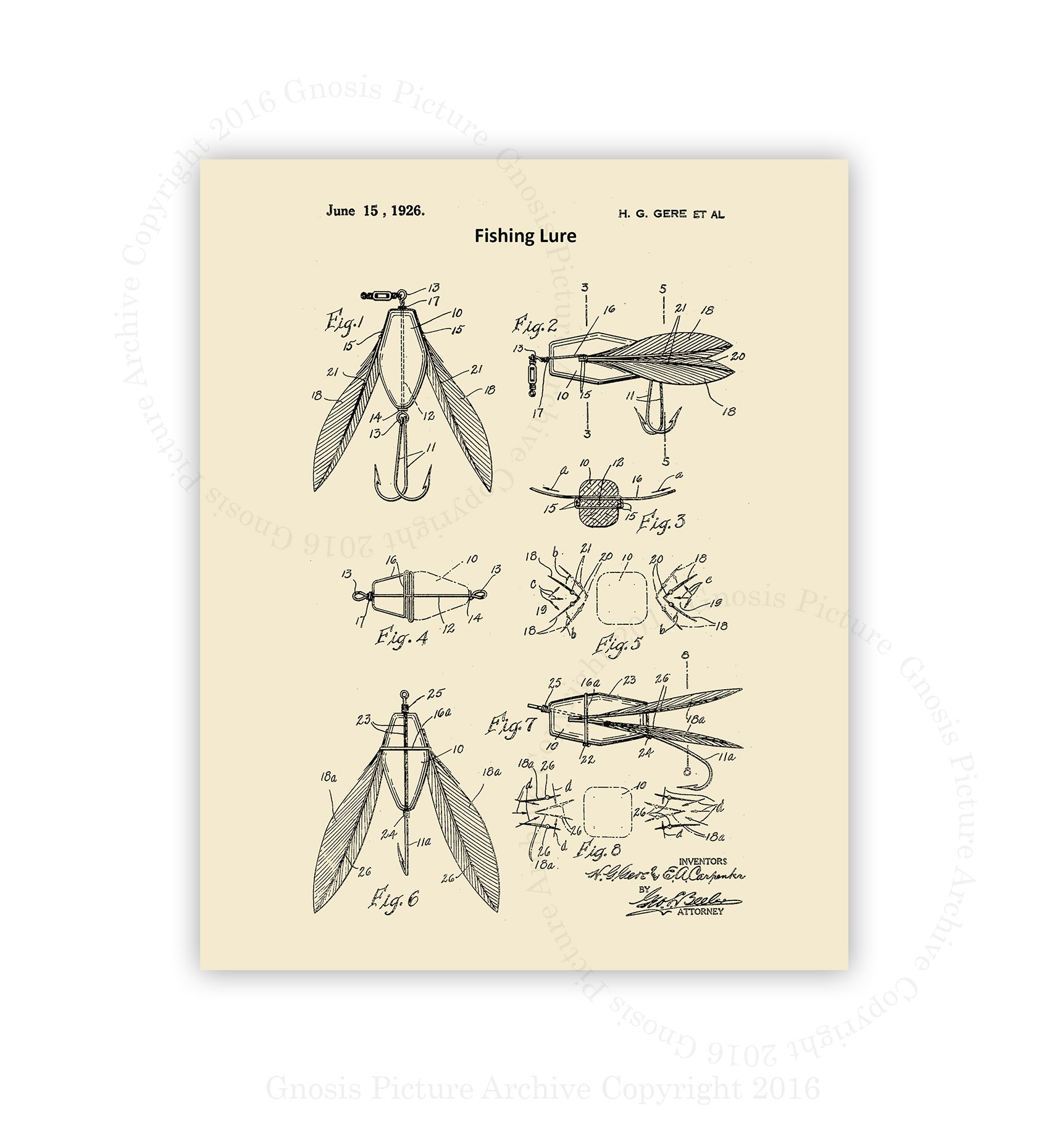 Fishing Wall Art Decor - Set of 6 Unframed Lure & Reel Prints in Cream Beige - Perfect Gift for Anglers & Dad - Ideal for Man Cave, Office, or Cabin Decor