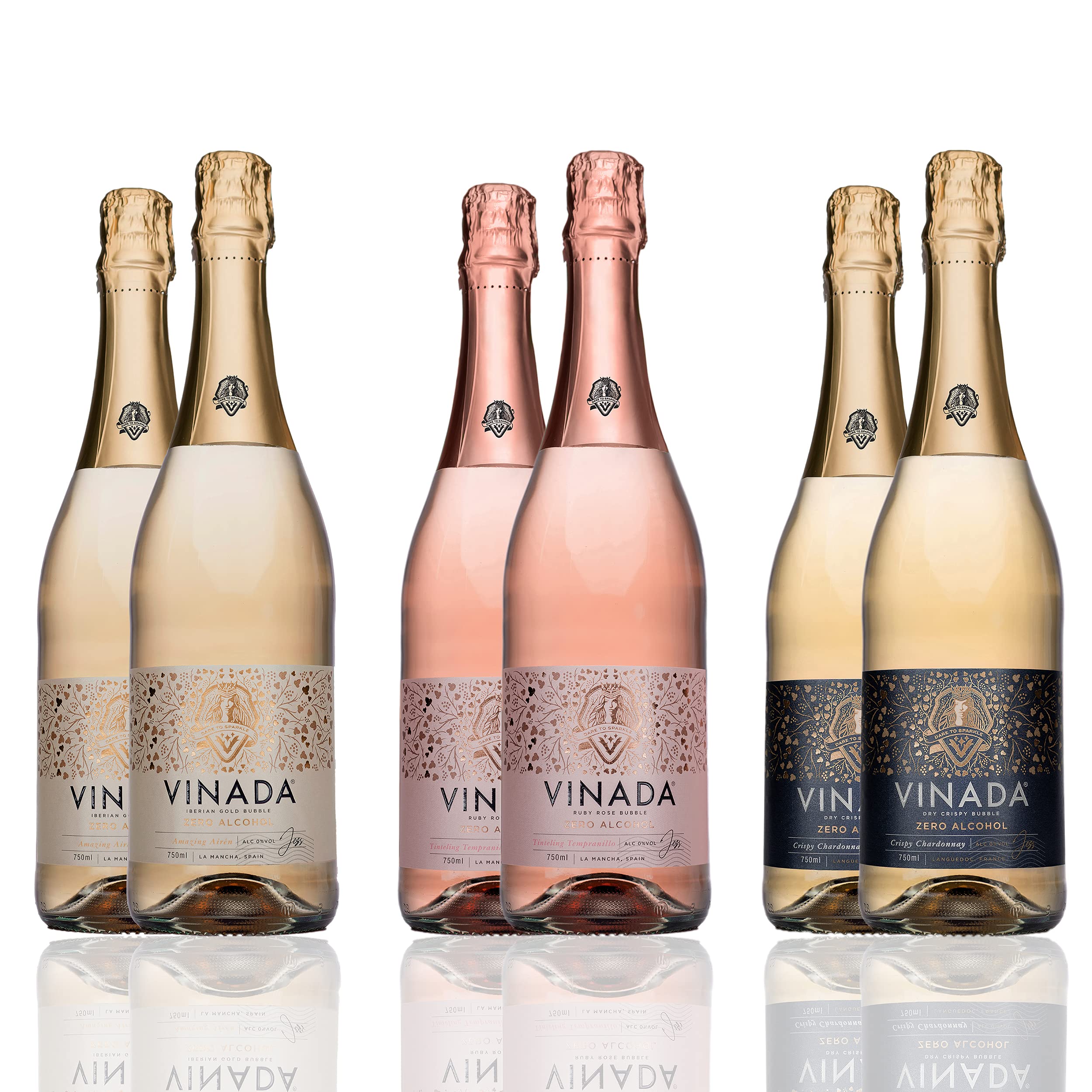 VINADA Alcohol-Free Sparkling Wine Variety Pack - Crispy Chardonnay, Gold & Rosé - 750ml (6 Bottles) | Perfect for Parties, Weddings & Sober Celebrations