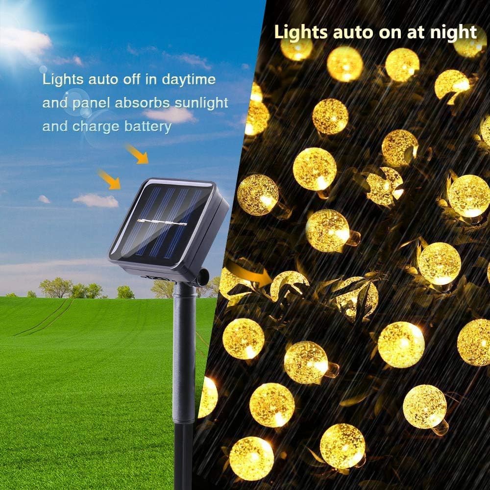 Toodour 36ft 60 LED Solar String Lights Outdoor Waterproof - Crystal Ball Fairy Lights with 8 Lighting Modes for Garden, Lawn, Patio, Yard, Gazebo - Warm White Solar Powered Decorative Lighting for Parties, Weddings & Outdoor Events