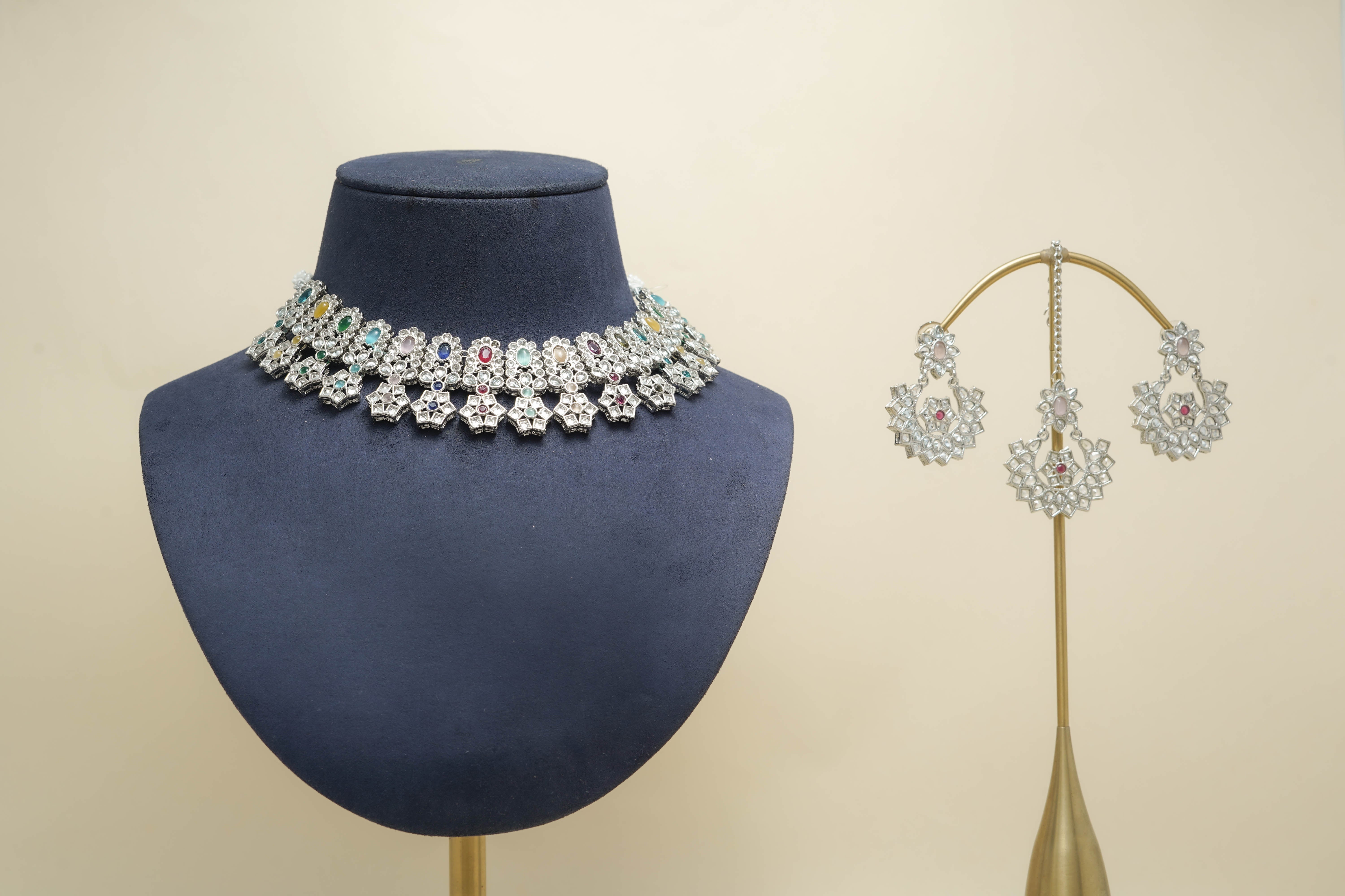 ISHITA POLKI Full Set Jewelry - Traditional Indian Kundan Necklace, Earrings & Bracelet Set for Weddings, Parties & Festive Occasions