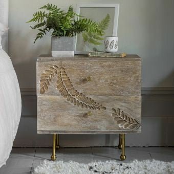 Hand Carved Fern Design Wooden Nightstand - Rustic Indian Bedside Table for Bedroom Decor, Perfect for Storing Books, Lamps & Essentials