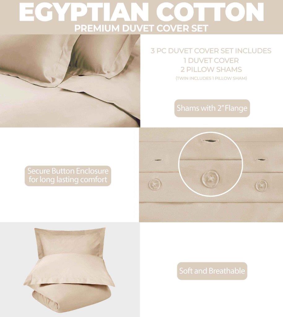 Premium Egyptian Cotton 400 Thread Count Duvet Cover Set - Ultra Soft & Breathable Bedding for Luxury Hotels & Master Bedrooms