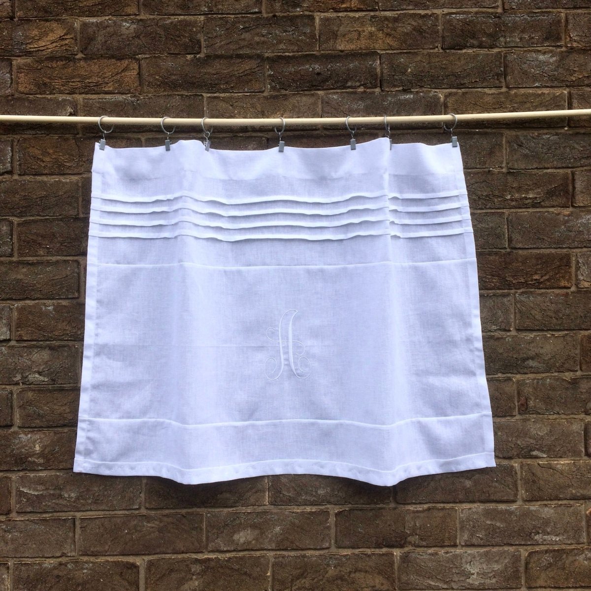 Appleton White Linen Cafe Curtain with Embroidered Monogram - Elegant Kitchen Window Treatment for Farmhouse & Cottage Style Homes