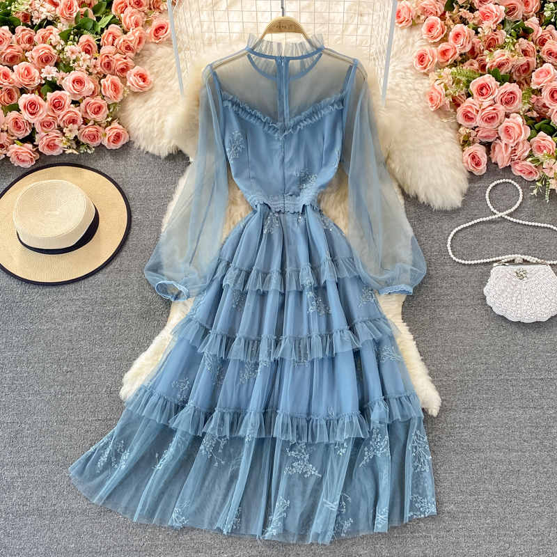 Fairy Long Sleeves Tulle Dress for Women - Elegant Sweet Layered Ruffled Skirt for Autumn Fall Wedding Party Prom Evening Occasions