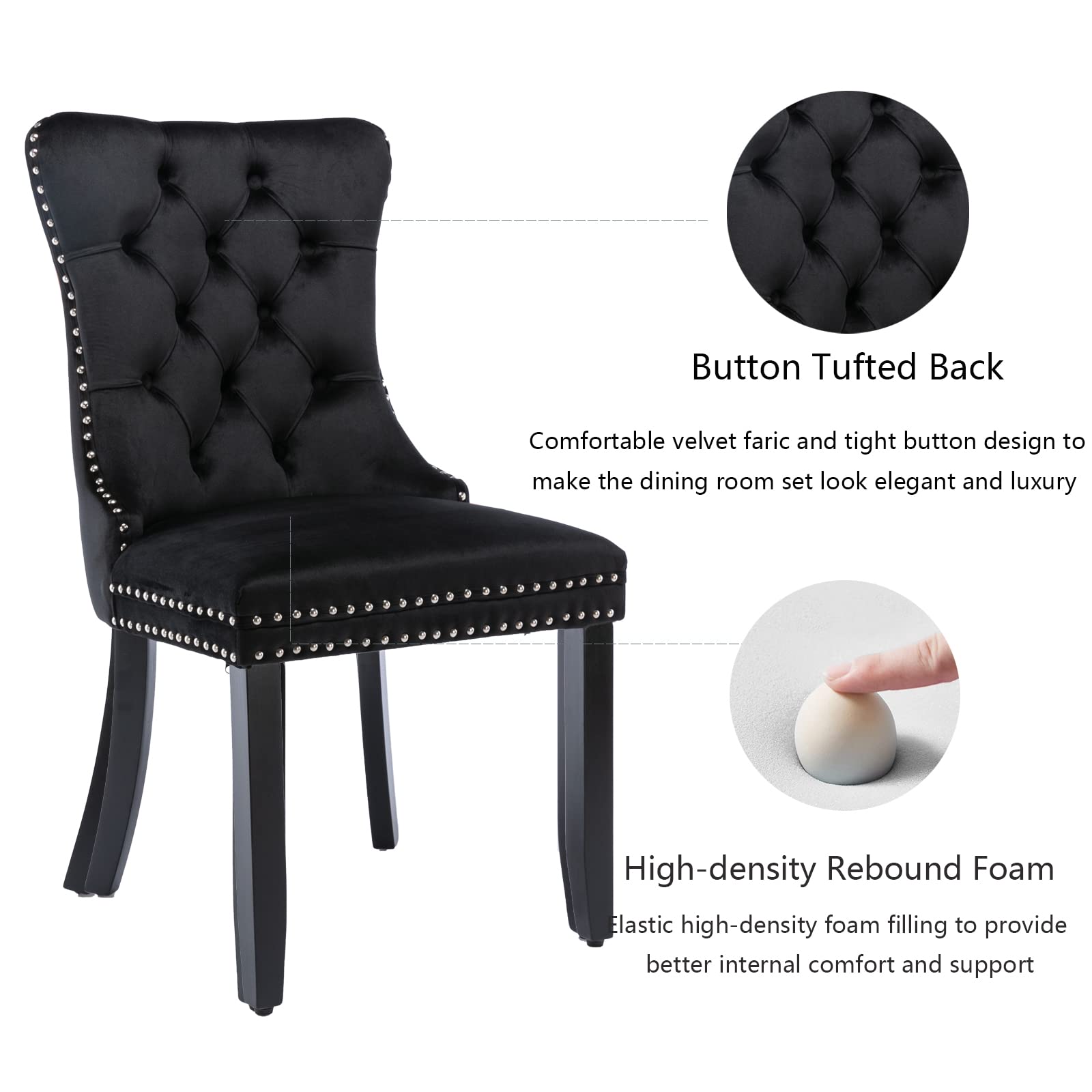 Luxury Black Velvet Dining Chairs Set of 4 - Modern Upholstered Dining Room Chairs with Elegant Back Ring Pull Trim & Sturdy Solid Wood Legs - Perfect for Dining Room, Kitchen, Living Room & Home Office Decor (Black)