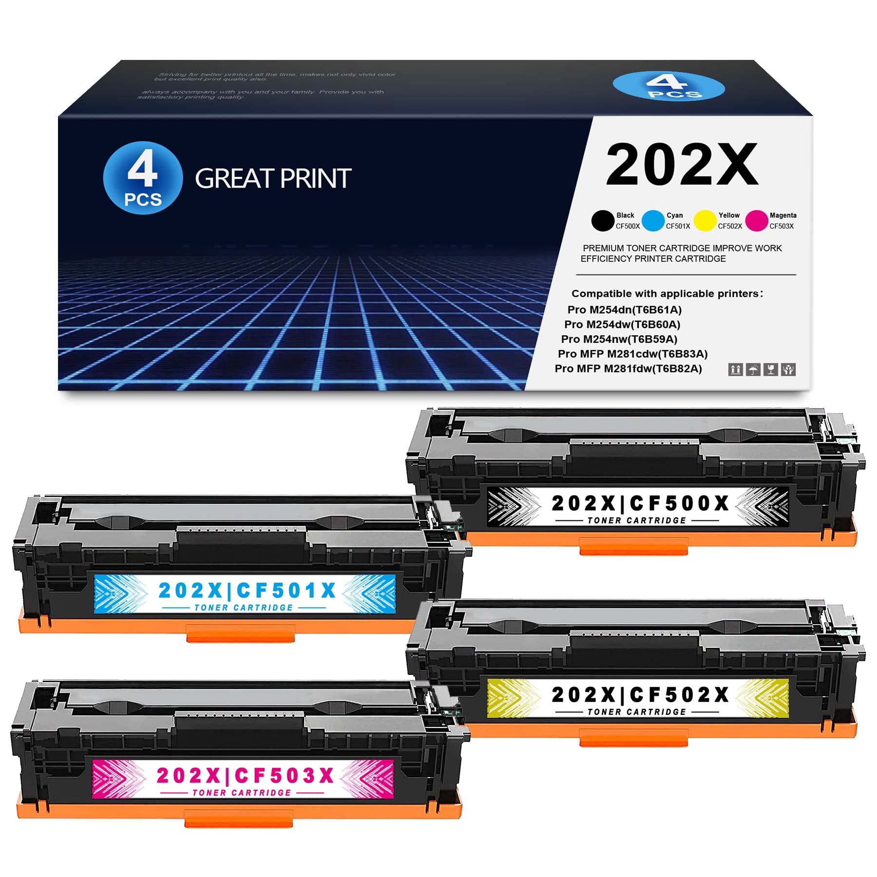 ALUMUINK 4-Pack Toner Cartridge Replacement for HP Pro M254nw M254dw M254dn MFP M280nw M281fdn M281fdw M281cdw Printers - Compatible with 202X, CF500X, CF501X, CF502X, CF503X (1 Black, 1 Cyan, 1 Magenta, 1 Yellow) | High-Yield Printing for Office & Home Use
