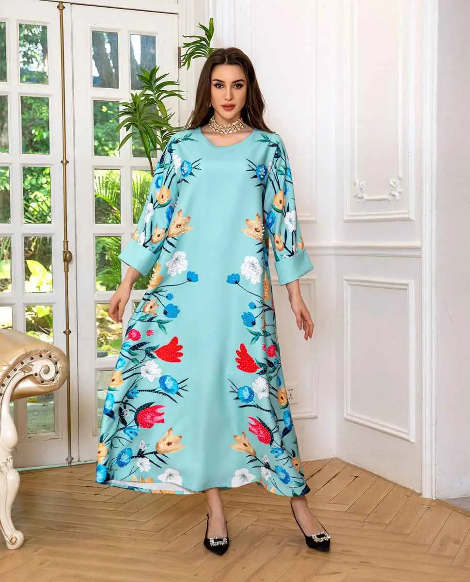 Elegant Eid Dress for Women - Arab Printed Kaftan Caftan Abaya Dress with Long Sleeves - Perfect for Eid Celebrations, Weddings & Special Occasions