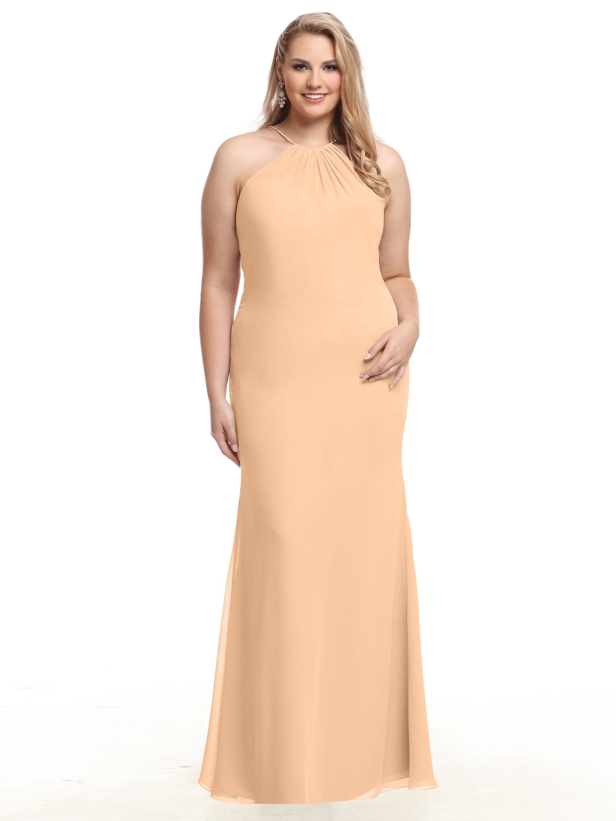 Elegant 80083 Fit and Flare Chiffon Bridesmaid Dress with Halter Neckline - Perfect for Weddings, Formal Events & Special Occasions