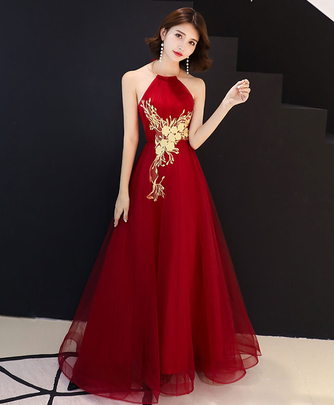 Elegant Burgundy Tulle Lace Long Prom Dress with Flowy Skirt | Formal Evening Gown for Homecoming, Quinceañera & Special Occasions