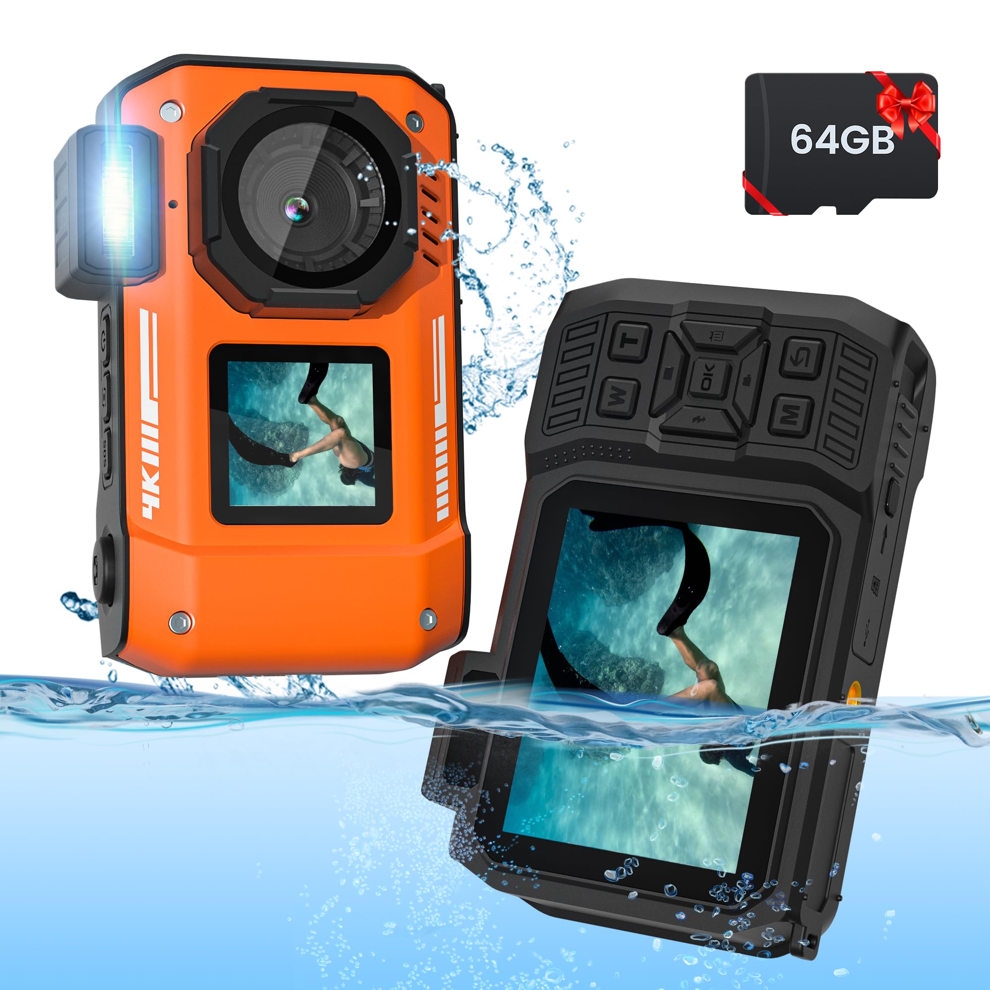 4K 33FT Underwater Digital Camera - 48MP Waterproof, Dustproof & Shockproof Action Camera with 64GB Card, Autofocus, Dual-Screen, Selfie, Snorkeling, Zoom & Point-and-Shoot (Type-C, Orange) - Perfect for Scuba Diving, Beach Vacations & Outdoor Adventures