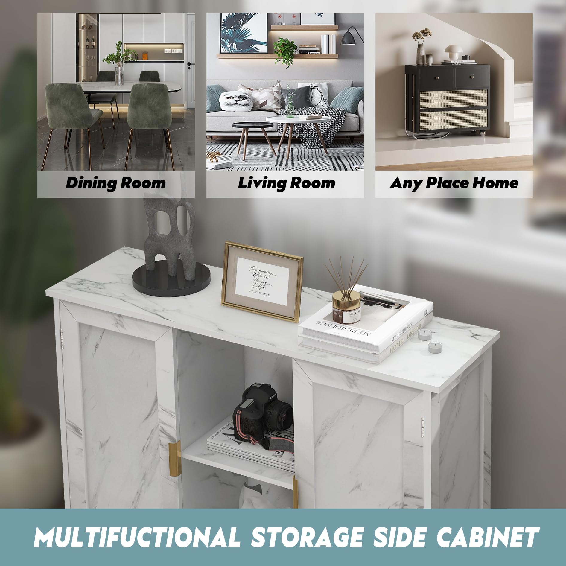 Farmhouse White Marble Storage Buffet Cabinet - Wooden Coffee Bar Sideboard with Thin Design for Narrow Spaces - Perfect for Kitchen, Living Room, Entryway & Hallway Storage & Organization