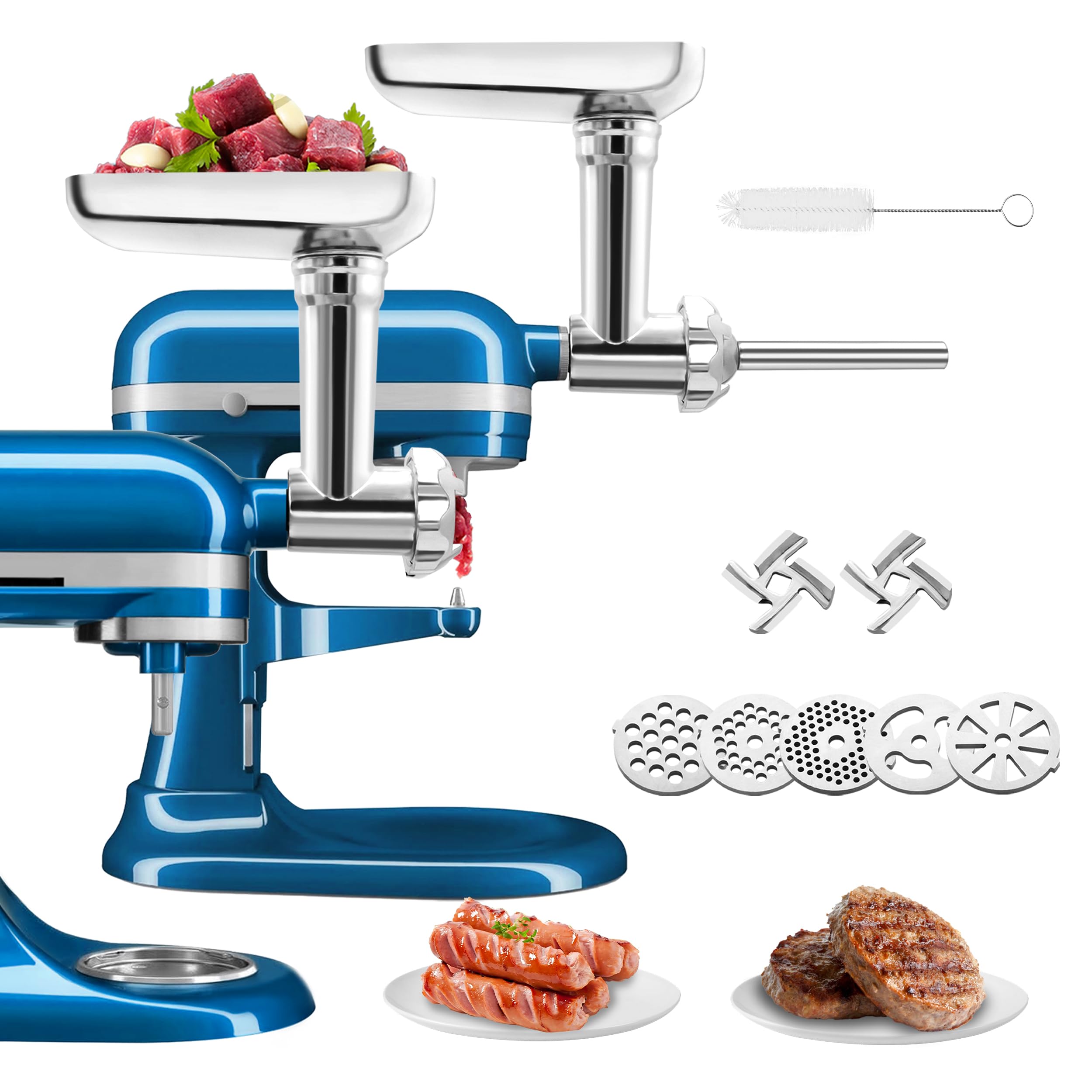 Heavy Duty Metal Meat Grinder Attachment for KitchenAid Stand Mixer - 5 Grinding Plates, Sausage Stuffer Tube - Perfect for Homemade Burgers, Sausages & Pet Food - Compatible with KitchenAid Food Processor Accessories