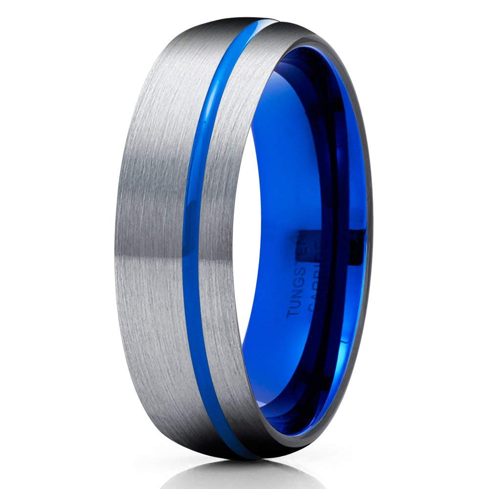 6mm Blue & Gray Tungsten Carbide Wedding Ring for Men - Durable & Scratch-Resistant Anniversary & Engagement Band with Offset Groove Design - Perfect for Everyday Wear, Gifts & Special Occasions