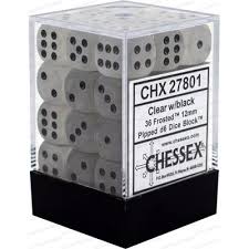 Chessex 36-Pack Clear Black Frosted 12mm D6 Dice Set - Perfect for Dungeons & Dragons, Board Games & RPGs