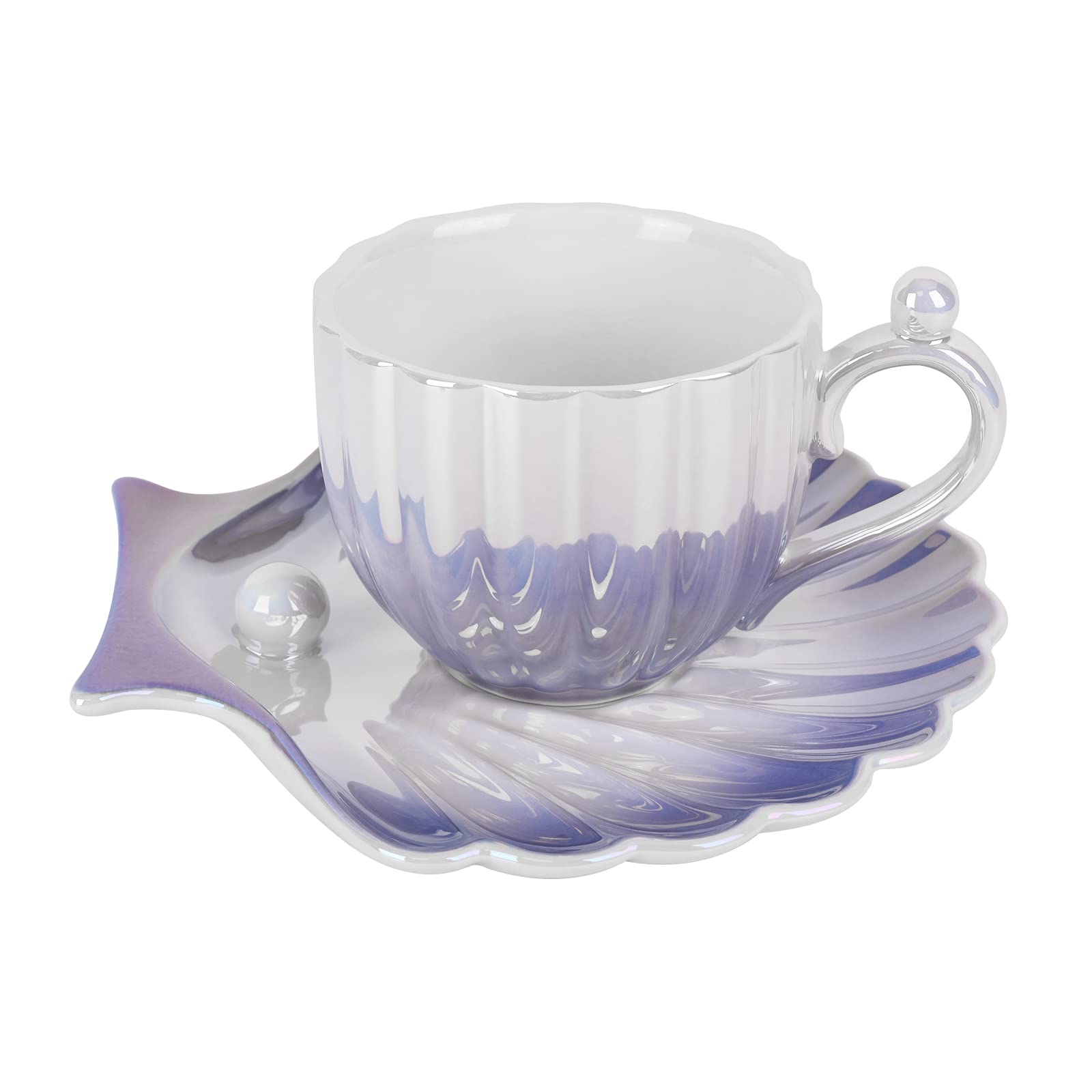 Premium Koythin Ceramic Coffee Mug with Saucer - Elegant Pearl Shell Design, 6.5 oz (200ml) Tea & Latte Cup for Office, Home, Gifts - Gradient Purple - Perfect for Morning Coffee, Afternoon Tea, and Cozy Relaxation