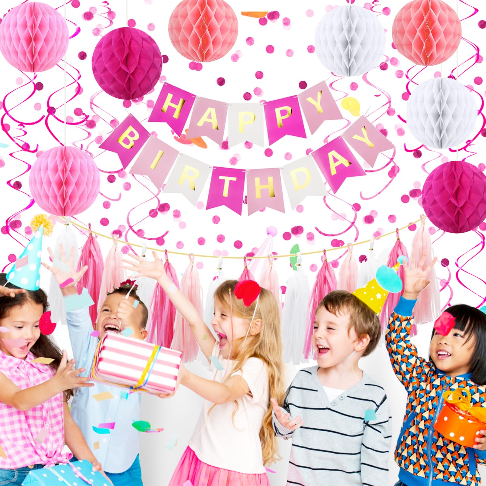 Pink Birthday Party Decorations Set - Happy Birthday Banner, Hanging Swirls, Confetti, Honeycomb Balls & Tissue Tassels for Girls' Birthday, Baby Shower & Anniversary Celebrations