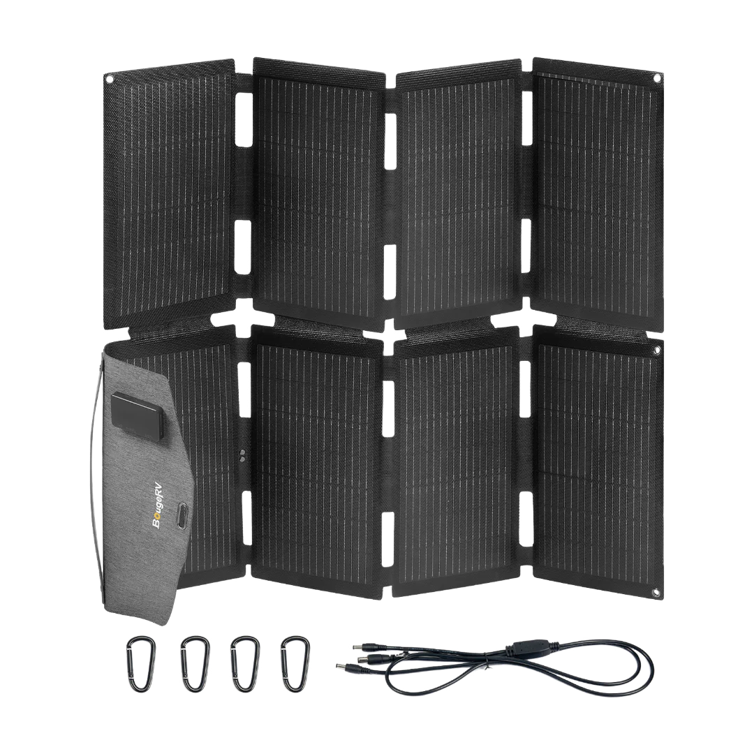 BougeRV 100W Foldable Portable Solar Panel with N-Type Cells & Camping Lantern - Perfect for RV, Camping, Hiking, and Emergency Power Supply