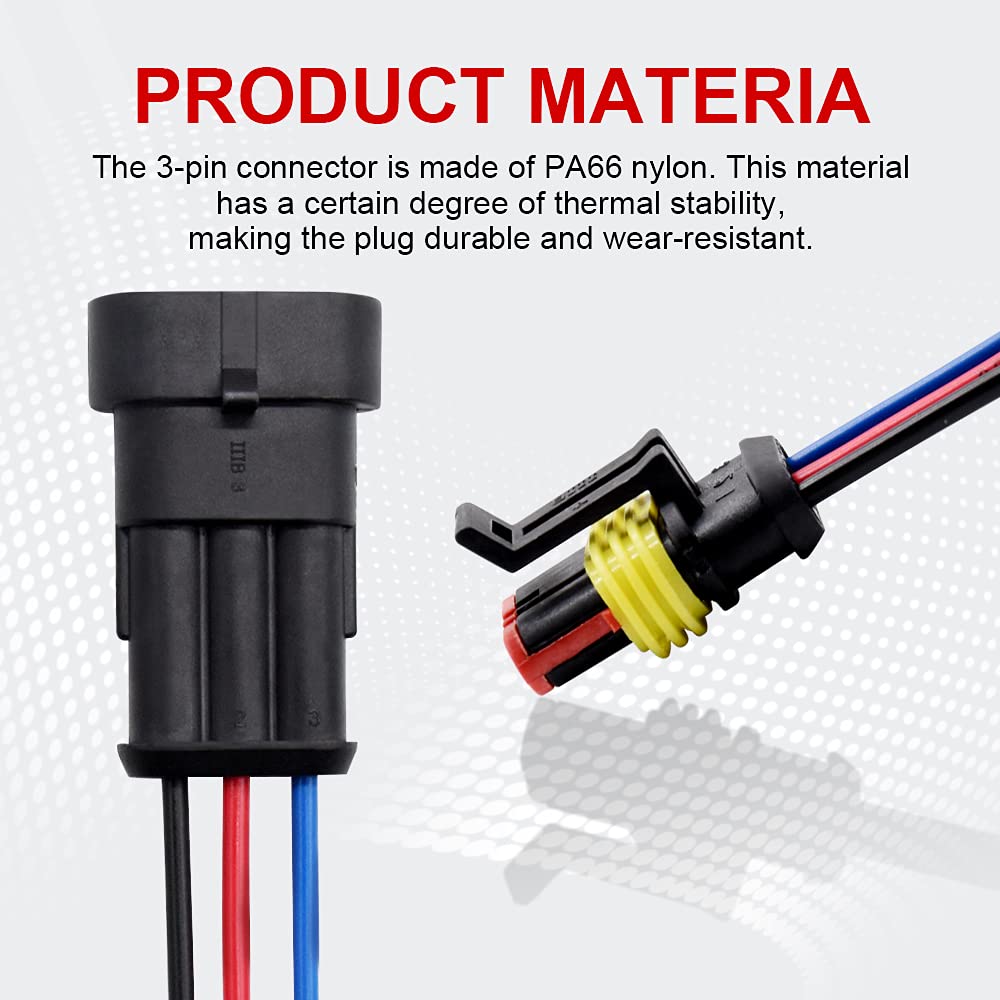 3 Pin Waterproof Electrical Connector Kit (6 Pack) - 18 AWG Automotive Wire Connectors for Motorcycle, Car, Boat - Secure Plug-in Connection for Harsh Weather & Marine Environments