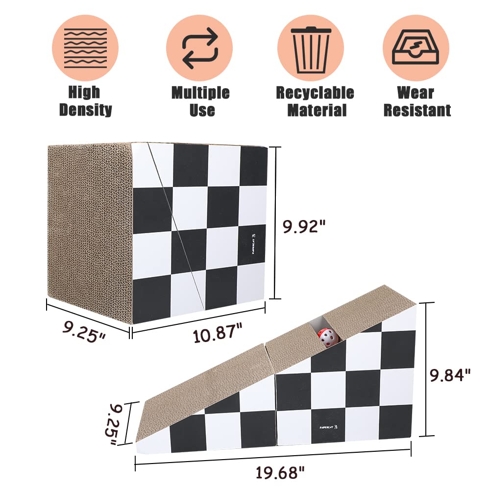 Premium Cat Scratching Board with Ball - 2-in-1 Triangle Scratching Lounge Bed for Kittens & Adult Cats | Multiple Scratching Angles, Durable Recyclable Cardboard | Furniture Protector (Black & White) - Perfect for Living Rooms, Bedrooms & Home Offices