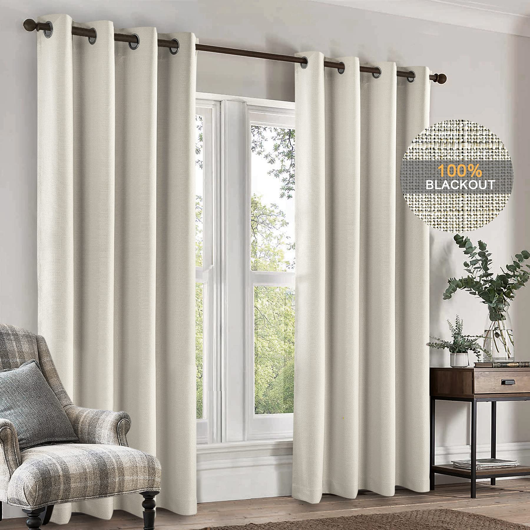 SINGINGLORY 100% Blackout Thermal Insulated Curtains - 52x84 Inch Long Linen Textured Grommet Window Drapes with Tiebacks, 2 Panel Set for Bedroom & Living Room (Beige) - Perfect for Light Blocking, Privacy & Temperature Control in Home & Office Spaces